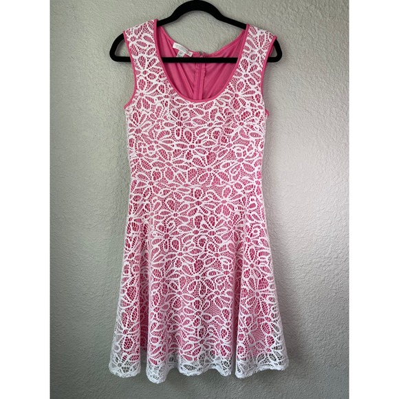 London Times Lace Fit‎ & Flare Dress Sleeveless Party Cocktail Pink White 6P - Picture 1 of 4